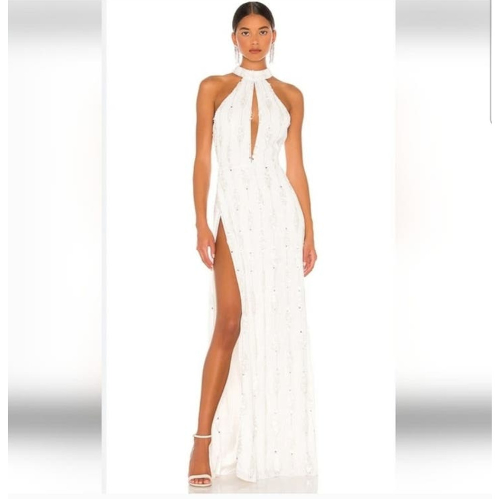 Retrofete White Halter Maxi Gown with Center Keyhole and Thigh Slit